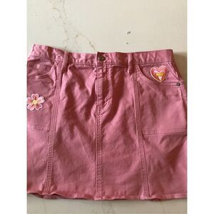 Gap Jeans Pink Denim Skirt Boho Custom Flower Heart Sz 12 Stretch
